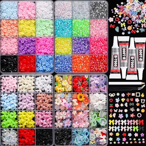 LERBOU Colorful Macaron Nail Charms Kit, 4 Boxes Pastel Rhinestones Bowknot Flowers & Colorful Nail Art Accessories,Bedazzling Kit Multi-colored 3D DIY for Press On Nails,DIY Manicure