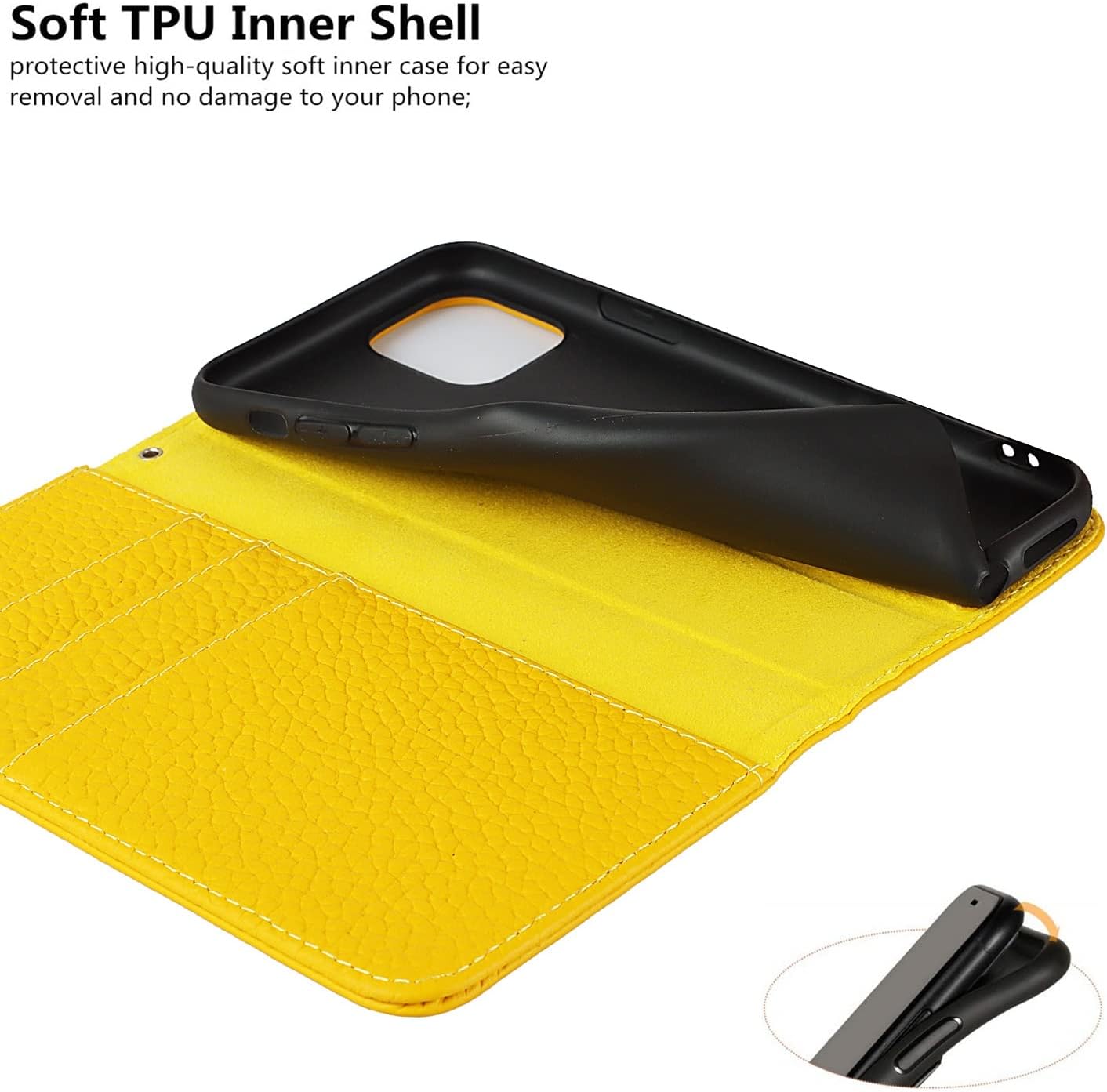 iCoverCase Compatible with iPhone 11 Pro Max Wallet Case with Credit Card Holder and Wrist Strap, RFID Blocking Genuine Leather Flip Magnetic Phone Cover 6.5 Inch (Yellow)