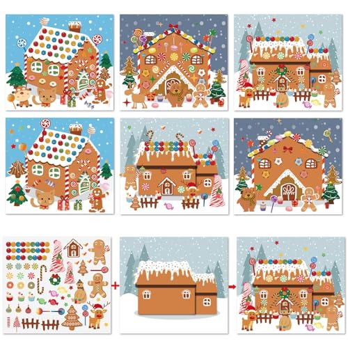 VABAMNA Christmas Party Favor for Kids - 30 Sheets Make a Gingerbread House DIY Craft Stickers Scenes for Xmas Holiday Activity Party Game Supplies 15 Sets