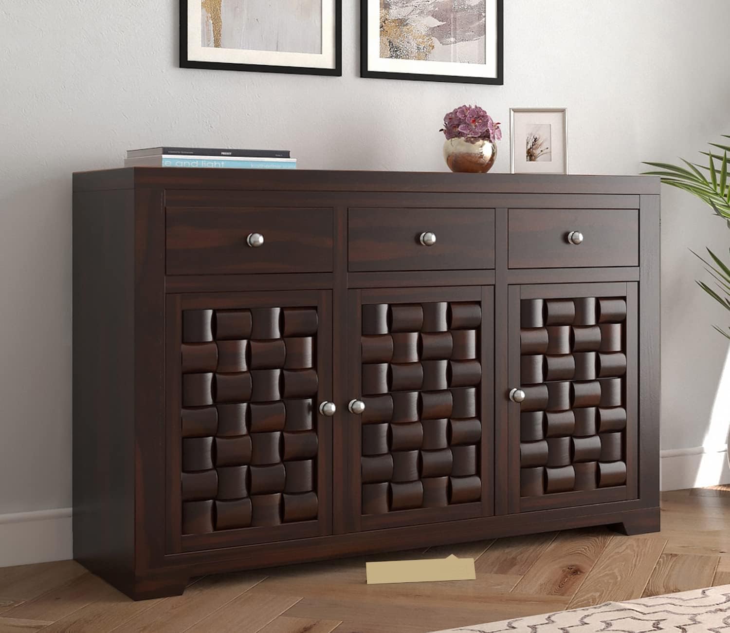 FABRIC NEST Wooden Sideboard Cabinet for Living Room,Bedroom | Solid Wood Sideboard Cabinet Dining Room with 3 Door Storage (Walnut Finish)-image-43