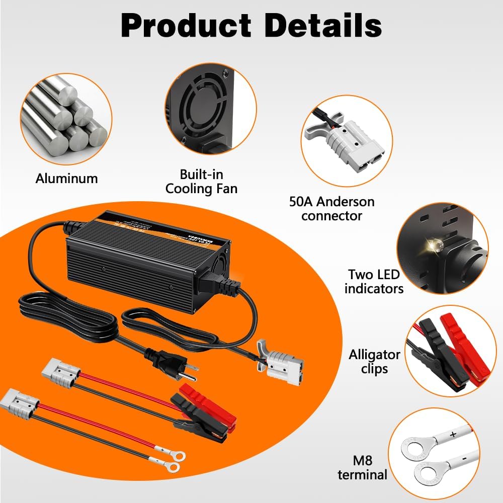 14.6V 10A LiFePO4 Battery Charger, Fast Charging, High Efficiency, 4 Safety Protections, 10 Amp Lithium Battery Charger with Anderson Connector LED Indicator Charger for Car, Truck, Boat, RV