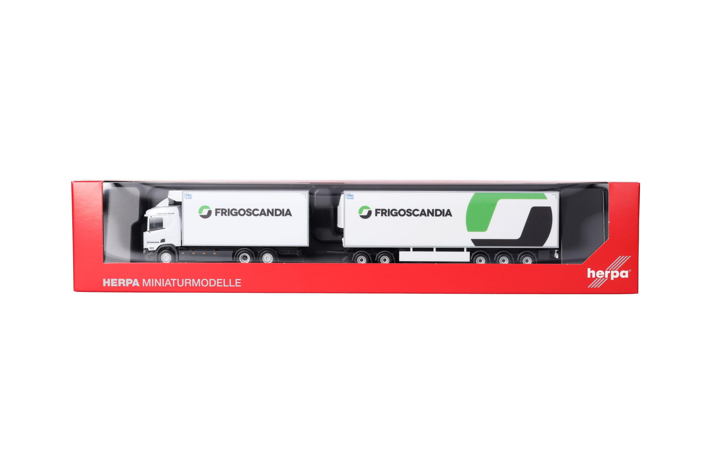 herpa modello di camion Scania CR20 ND Kühlkoffer-Schwedencombi Frigoscandia (Schweden/Helsingborg), in scala 1:87, pezzo da collezione, modello tedesco, statuetta plastica