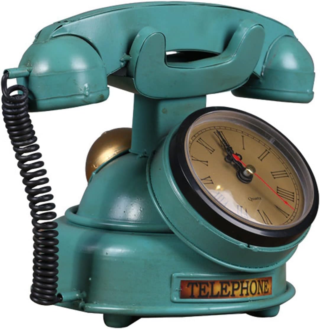 Vintage Wired Phone with Clock - Battery Powered, Antique Phone Figurine, Creative Fixed Line Decoration for Office, Bar, Coffee Shop