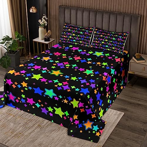 Feelyou Kids Star Tie Dye Print Bedspread Queen Size Kawaii Star Pattern Coverlet Set for Boys Teens Decor Boho Hippie Quilted Coverlet Tie Dyed Quilted Bedroom 3Pcs