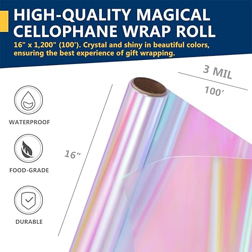 Miniatura 9 de PerkHomy - Rollo de celofán transparente de 32 pulgadas x 50 pies, plegado de 3 mil de grosor de celofán para cesta de regalo, golosinas, envoltura