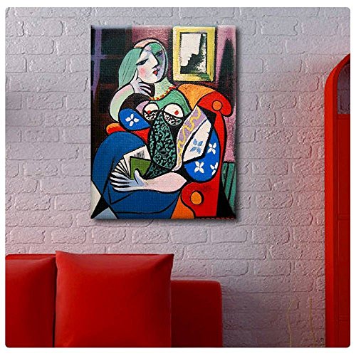 Alonline Art - Woman With Book By Pablo Picasso | Framed Stretched Canvas On A Ready To Hang Frame - 100% Cotton - Gallery Wrapped | 12"X16" - 30X41Cm | Wall Art Home Decor For Living Room Paint Hd #TOP1