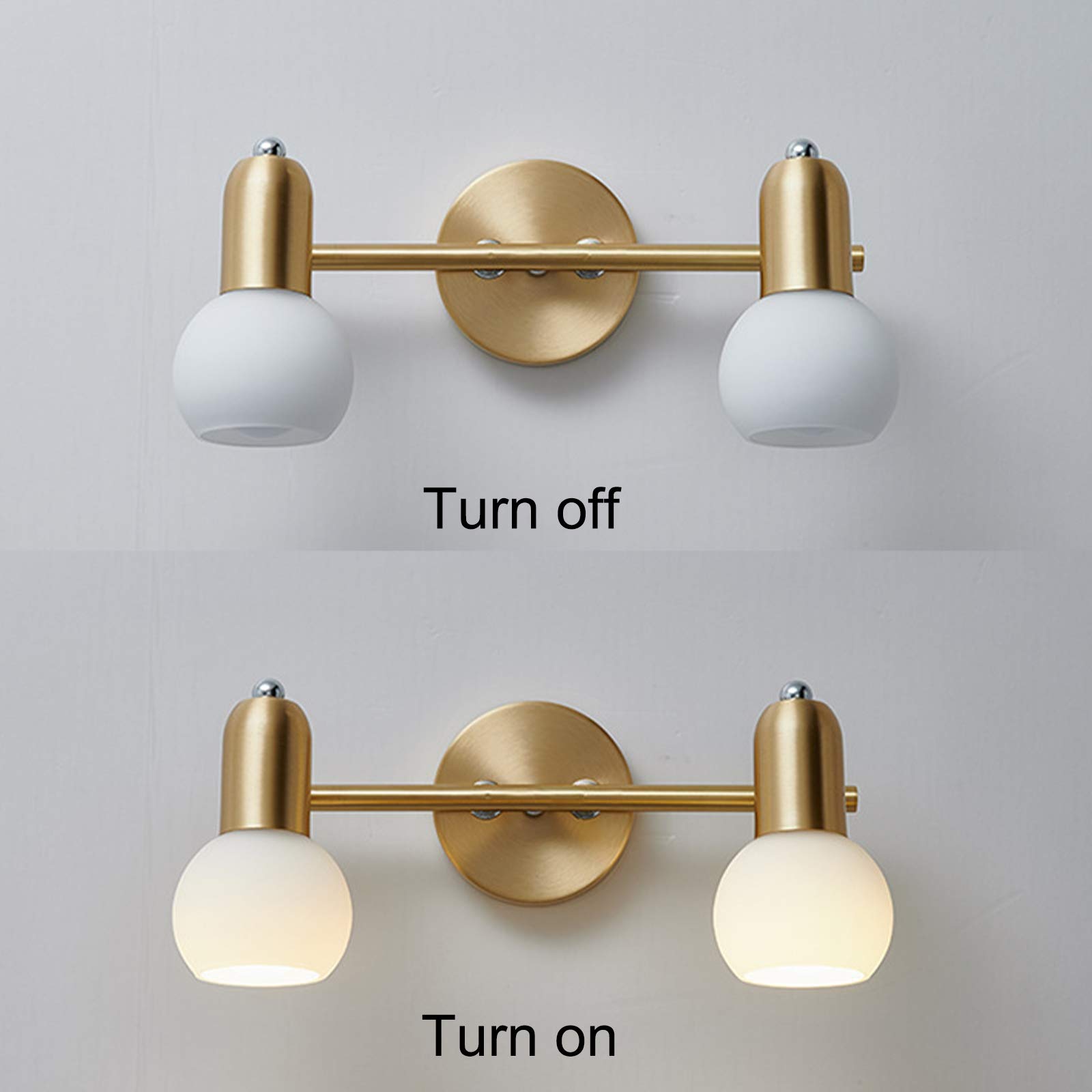 Mosiężna lampa łazienkowa LED, regulowana lampa ścienna z 3 temperaturami barwowymi, złote lustrzane światła E14, 2 płomienie, lampa ścienna, oświetlenie toalety, wodoszczelność IP44