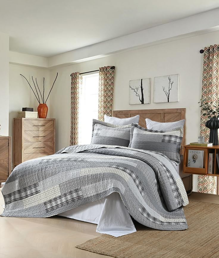 Miniatura 2 de BCOTTOND Juego de edredón King de retazos, colcha King 100% algodón, edredón de tamaño King, color gris, a cuadros, King, juego de ropa de cama