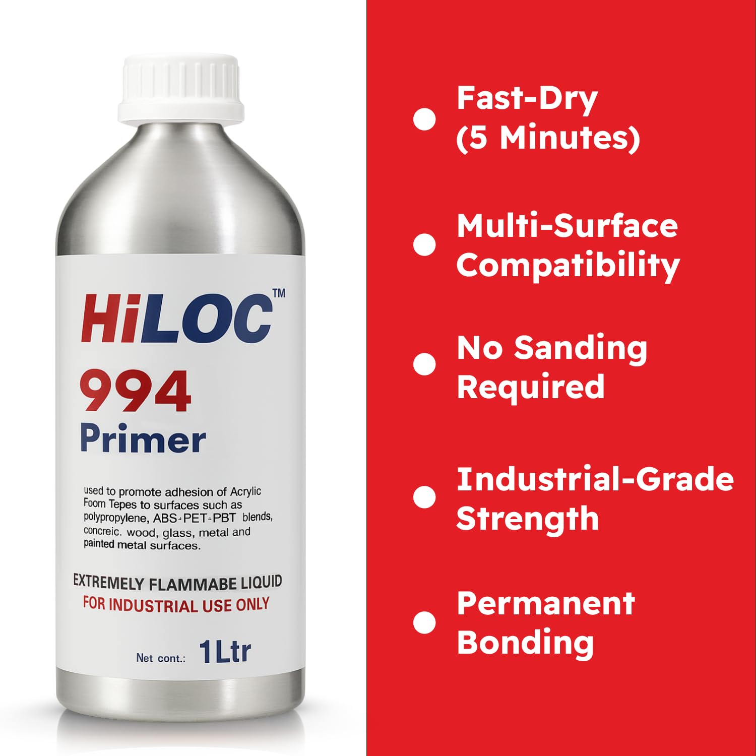 HiLOC 994 Acrylic Tape Primer, 1 Ltr, For Polypropylene, ABS, Metals, Concrete, Wood, Glass, & Painted Metal Surfaces, Flammable Liquid With Screw-Top Lid 4