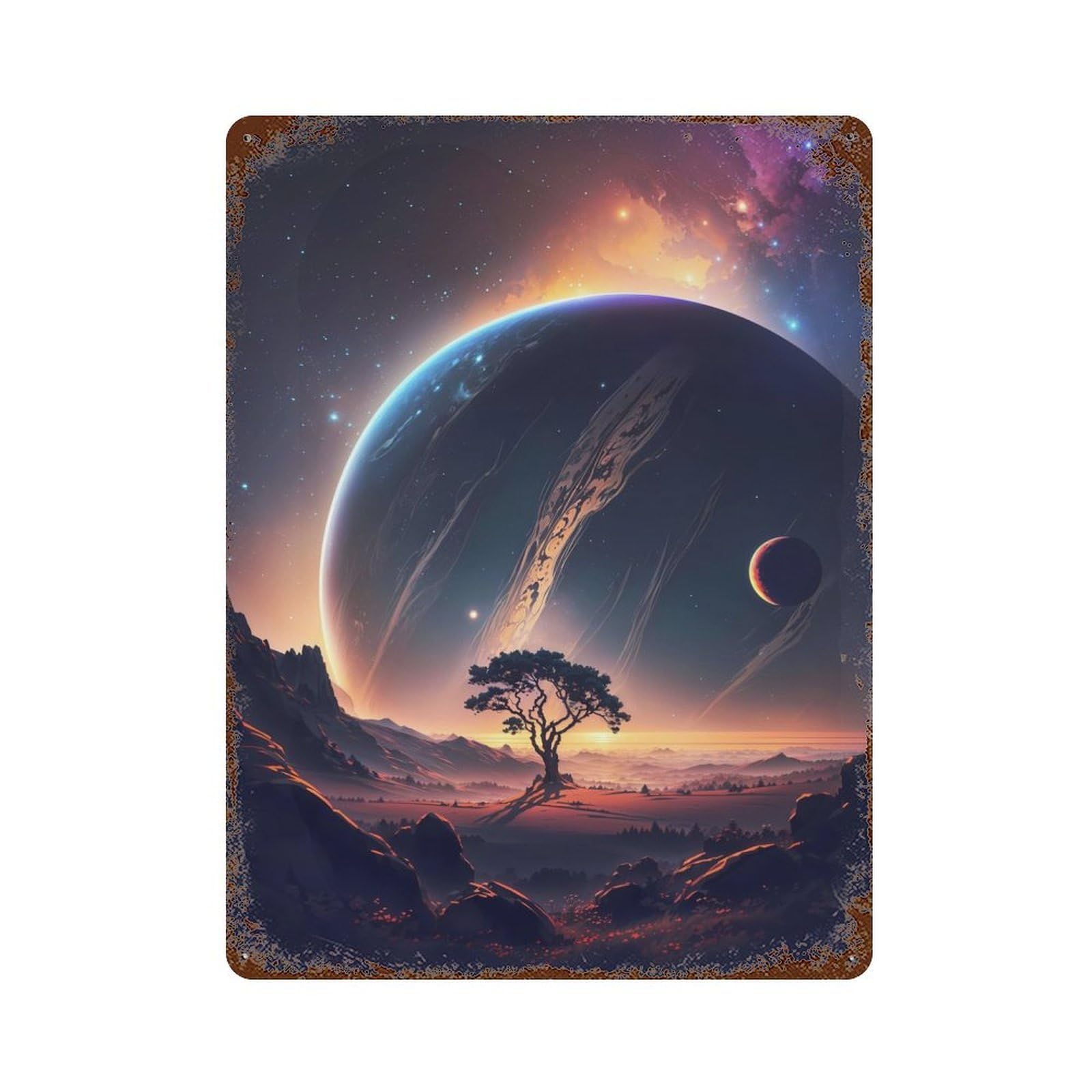 Jupiter Stellar Horizon Rust Effect Tin Sign 15.7"x11.8", Retro Wall Decor for Patio, Garden Room And Bar Decor