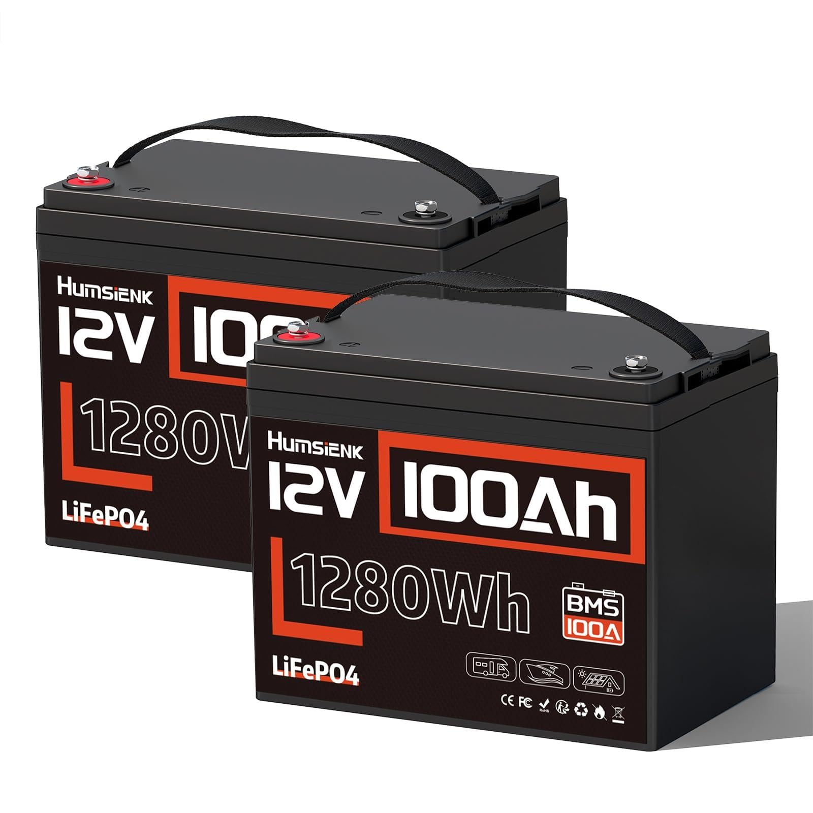 HumsiENK Lot de 2 Batteries Lithium 12V 100Ah LiFePO4, 1280Wh, BMS 100A Intégré, Groupe 24 Compactes et Légères, Remplace AGM, 15000 Cycles, pour Camping-Car, Solaire, Bateau