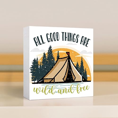 Miniatura 4 de Decoración de Camping Divertida Letrero de Camping Rústico Colorido Todo lo Bueno es Salvaje y Libre Letrero de Bloque de Madera para Hogar, RV,
