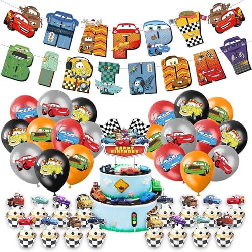 Cute Cars Birthday Party Decorations, Cartoon Theme Party Supplies Set Including Banner, Balloons, Cake Topper for Boys and Girls Theme Party image 5