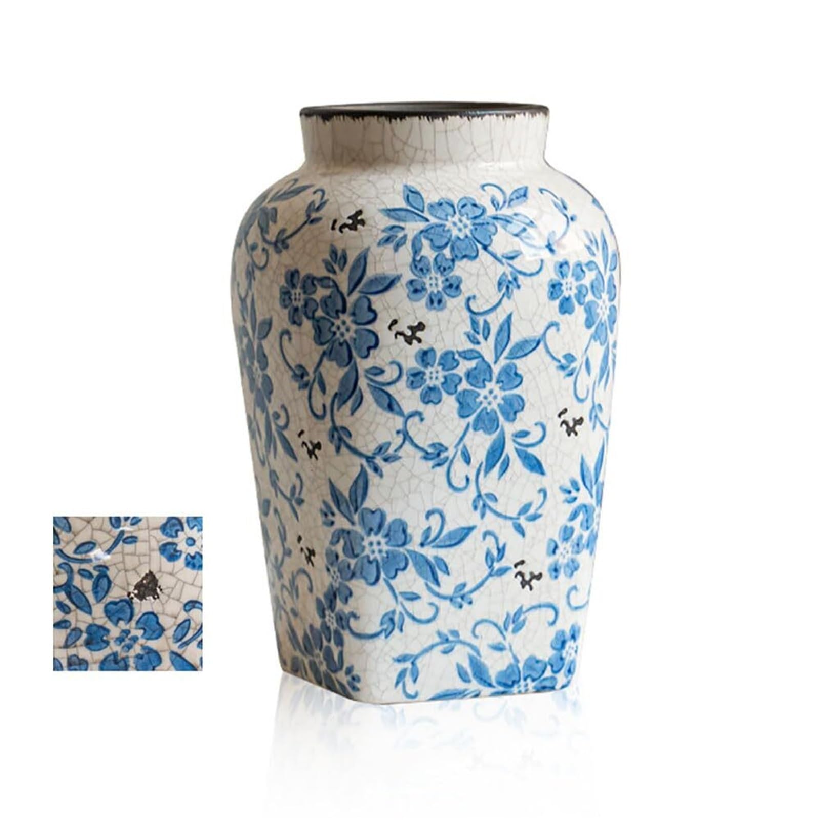 Vase floral chinoiserie rétro en céramique avec glaçure craquelée authentique