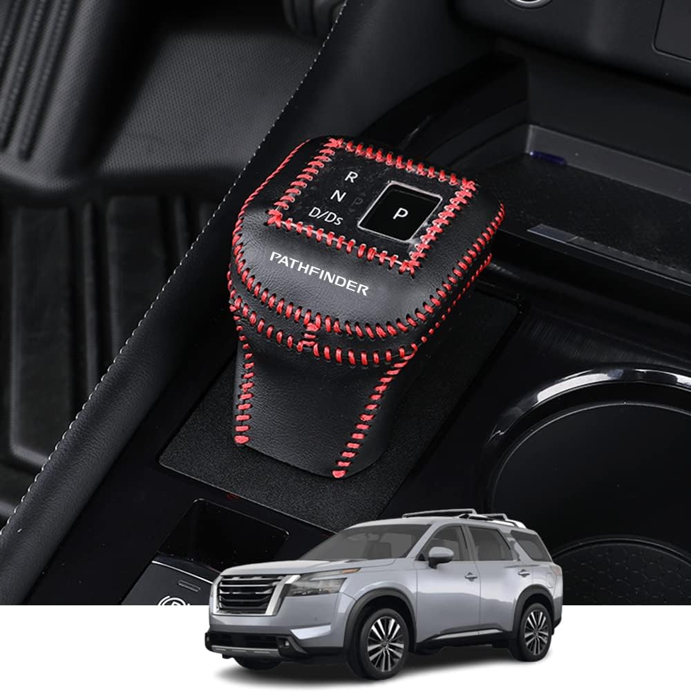 Kakash Custom Interior Accessories for Nissan Pathfinder 2022 2023 Leather Automatic Gear Shift Knob Cover,Transimission Boots Shift Lever Leather Sheath(Red Stitches)