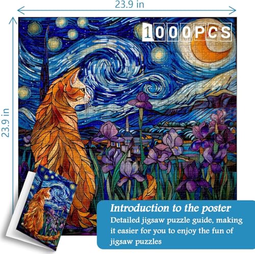 Image of iDream 1000 Pieces Jigsaw Puzzle - Artistic 3D Design, Colorful Wall Decor, Challenging Puzzle Gift for Friends & Family (Moonlit Cat)