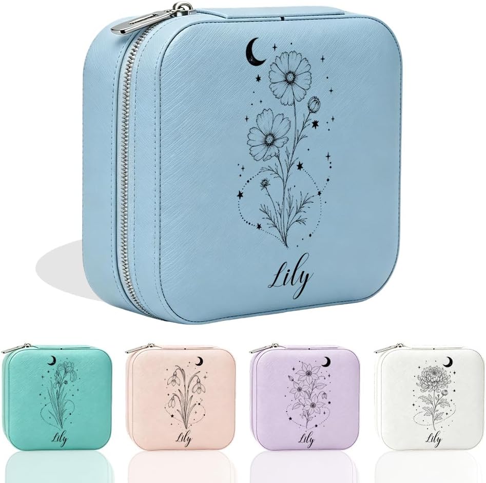 Personalized Celestial Star Moon Birth Month Flower Travel Jewelry Box gift for women, teen girls