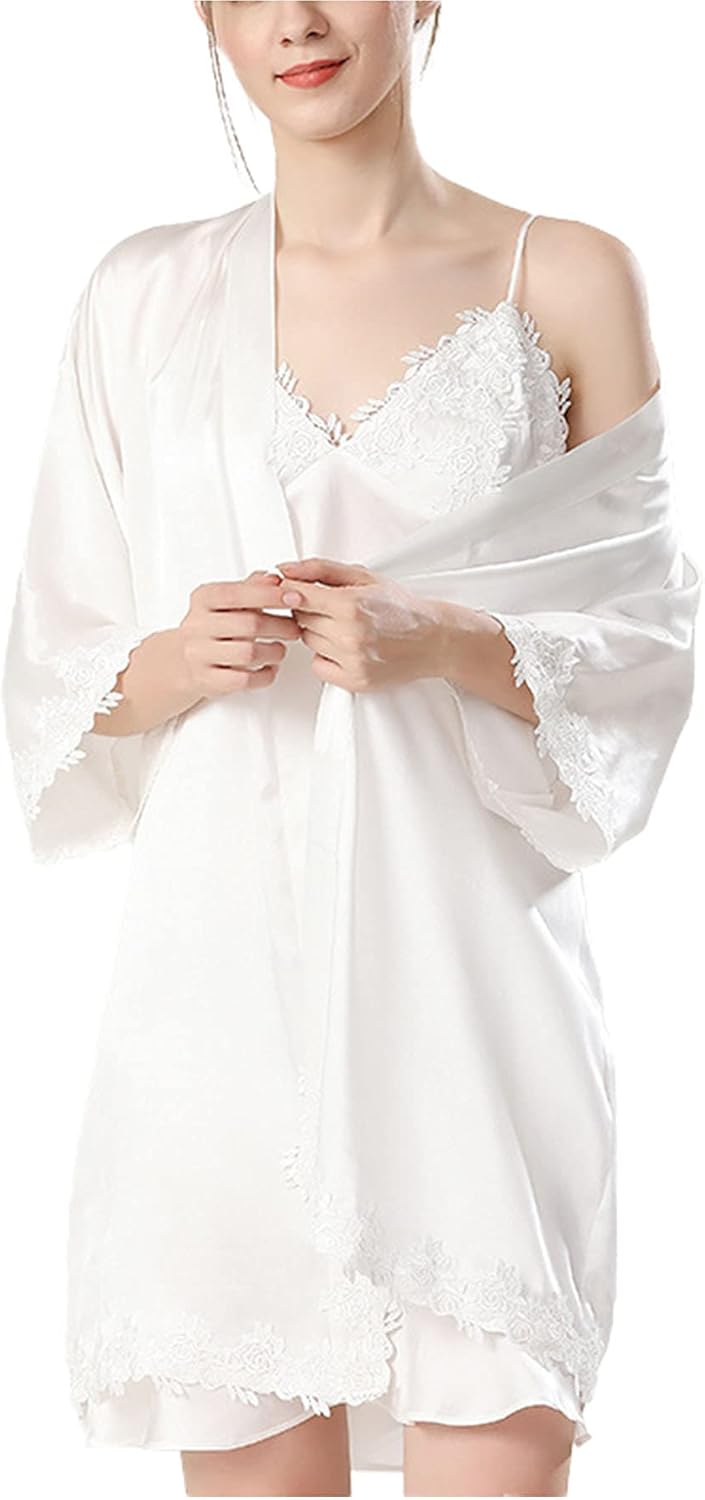 Women’s 100% Silk Pajamas Sexy V Neck Slit Two-Piece Pjs Set Nightdress Sleepwear Nightgown Straight Dress Pink L