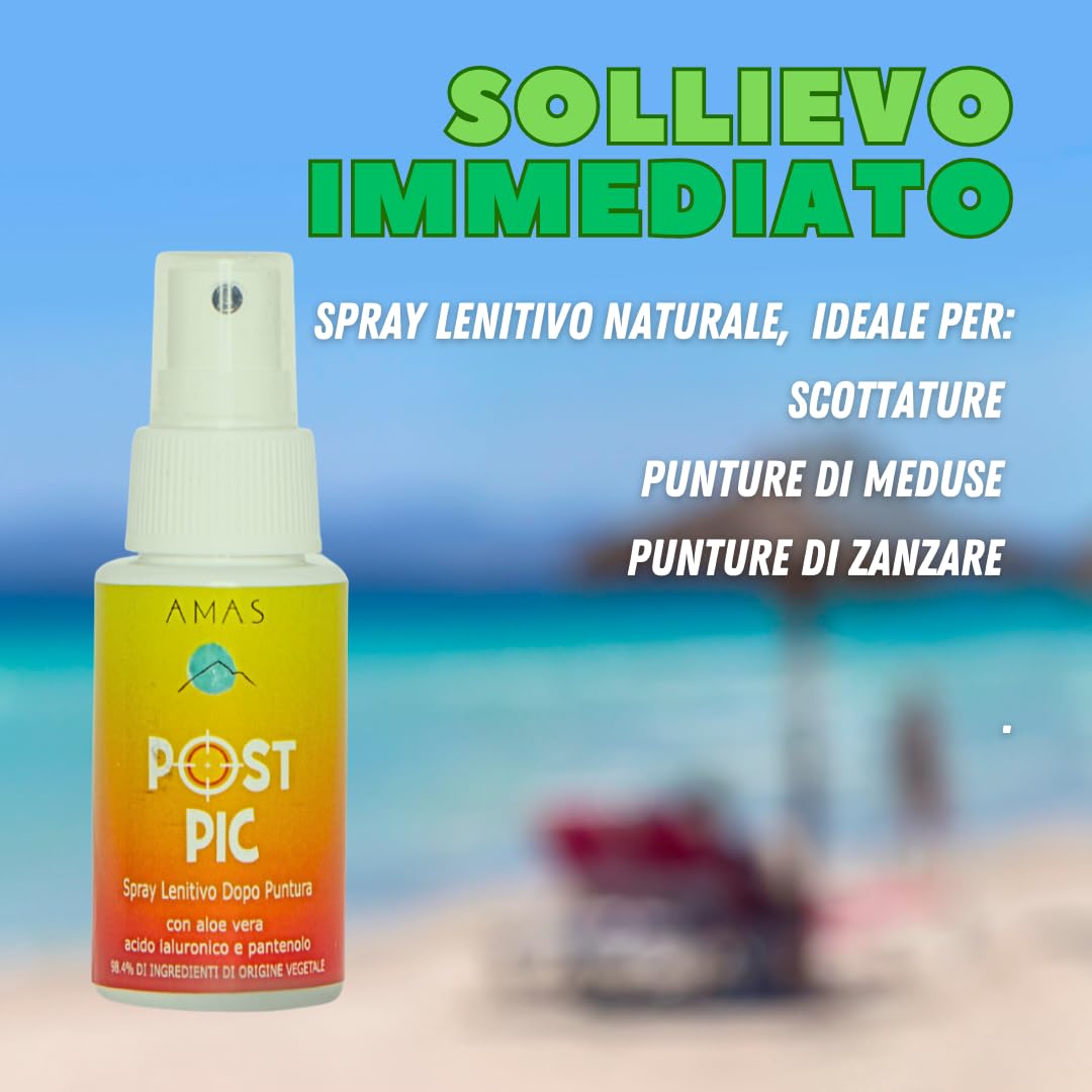 AMAS SPRAY LENITIVO NATURALE DOPOPUNTURA - ANTIPRURITO - POST PIC - Sollievo Immediato da punture di insetti, meduse, scottature e piante urticanti - con Acido Ialuronico, Aloe Vera e Pantenolo
