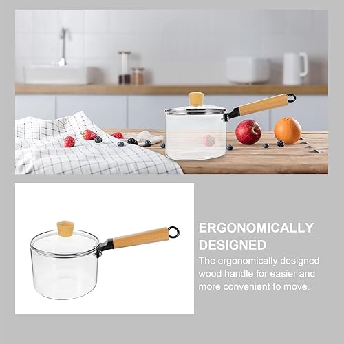 Miniatura 6 de Kichvoe Cacerola de vidrio para leche con tapa, 50.7 fl oz, olla y sartén de vidrio con tapa y mango de madera, juego de utensilios de cocina de