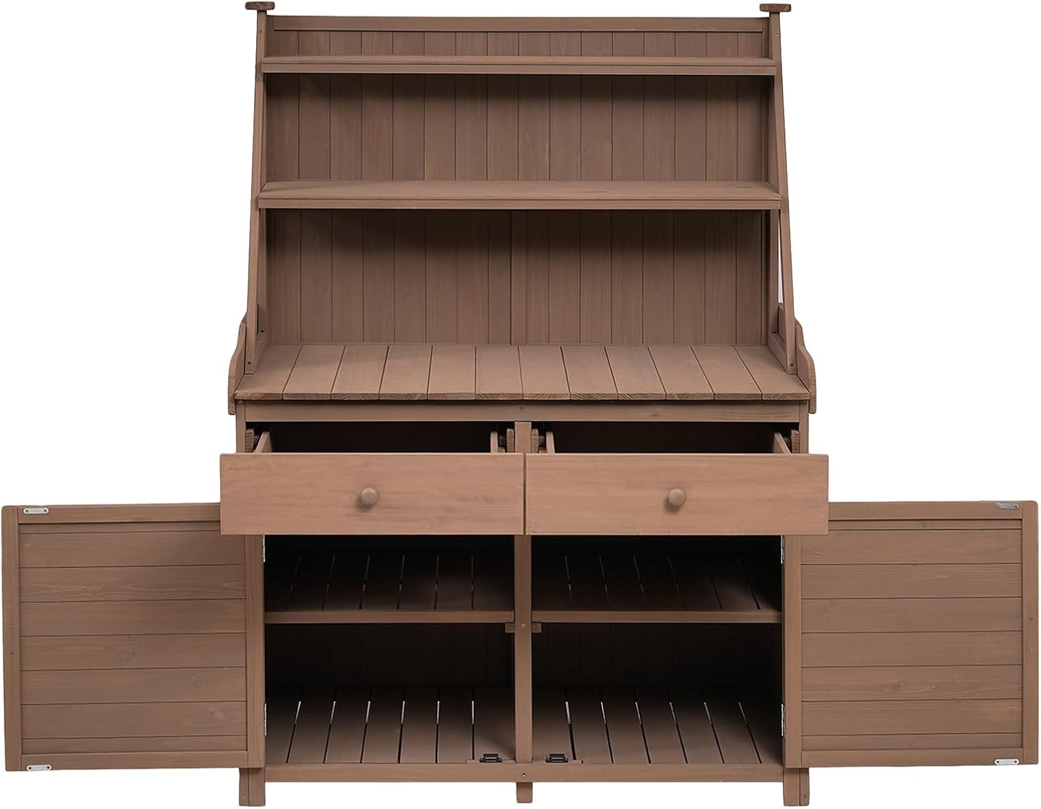 65inch Garden Potting Bench Table with Storage, Outdoor Fir Wood Workstation with Storage Shelf, Drawer and Cabinet, Brown
