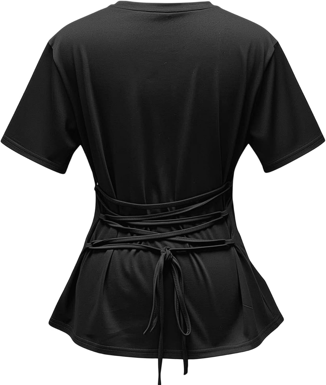 Women's Short Sleeve Cinched Tops Summer Casual Tie Back Solid Color Blouse Round Neck Ruched Slim Fitted Shirts