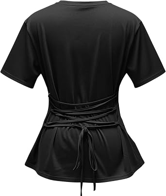 Womens Tops Short Sleeve Cute Summer Blouses Crew Neck Dressy Casual T Shirts Back Tie Slim Fit Work Clothes