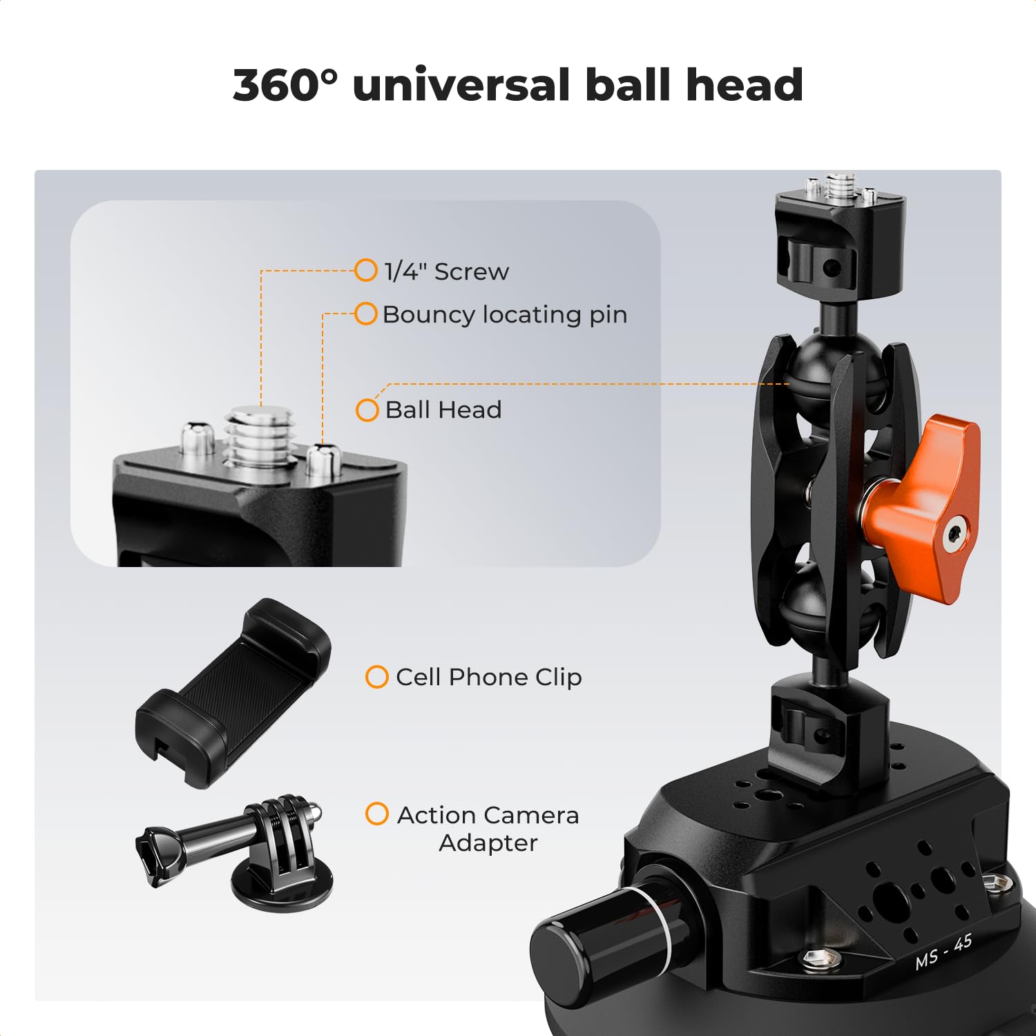 K&F CONCEPT 10,5 cm uchwyt z przyssawką, głowica kulowa Magic Arm, ARRI | 1/4" 3/8", do samochodu, GoPro, DJI, Insta360 X4, telefonu komórkowego, Action Cam, 360°, MS45