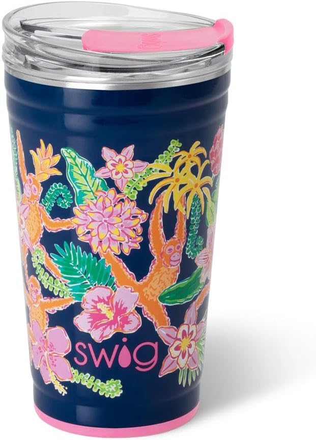 Swig Life 24oz Party Cup, Stackable Insulated Travel Coffee Tumbler with EZ Slider Lid, Cup Holder Friendly, Stainless Steel 24 oz Tumbler, Reusable Coffee Mug (Jungle Gym)