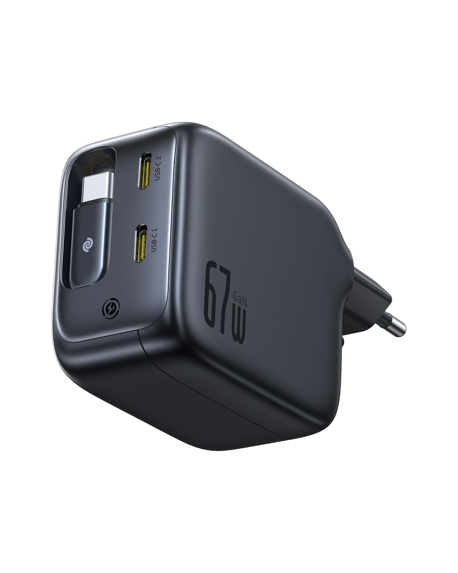 Baseus Enercore Cargador USB C de 67W con Cable Retráctil, Charger GAN con 2 Puertos USB-C, Cargador Rápido Compacto Compatible con MacBook Pro, DELL, HP, iPad, iPhone 16/15/14/13/12Pro, Galaxy S25