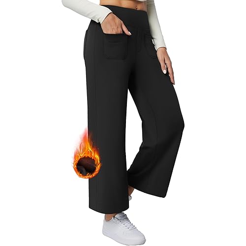 Petite Wide Leg Cropped Pants with Pockets for Women Yoga Dress Pants High Waist Fleece Lined Work Casual Sweatpants