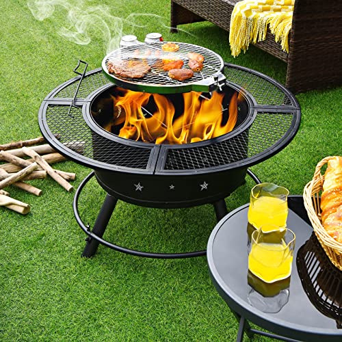 Giantex 2-In-1 Fire Pit With Cooking Grate, 32 Inch Charcoal & Wood Burning Firepit With Swivel Adjustable Bbq Grill & 6.5'' Round Edge Widened Grate, Outdoor Firepit Grill Combo #TOP1