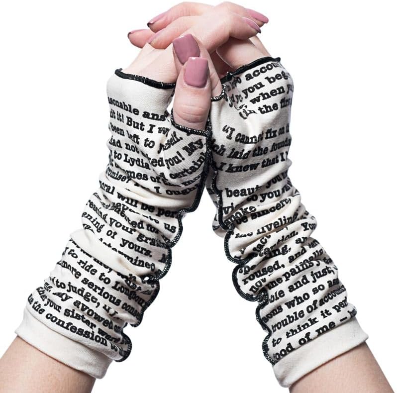 Storiarts Pride and Prejudice Writing Gloves – Soft Cotton Fingerless Design Featuring Jane Austen’s Timeless Text – Cozy Literary Gloves for Women – Ideal Gift for Readers & Writers