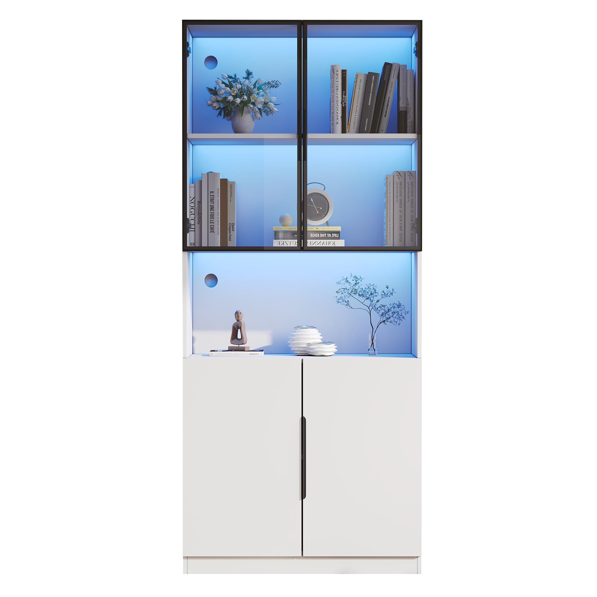 Vitrine en verre, bibliothèque, armoire de rangement, vitrine de collection, armoire de salon, armoire haute, vitrine LED, blanc, 80 x 30 x 200 cm, avec portes en verre, cloisons réglables, commande