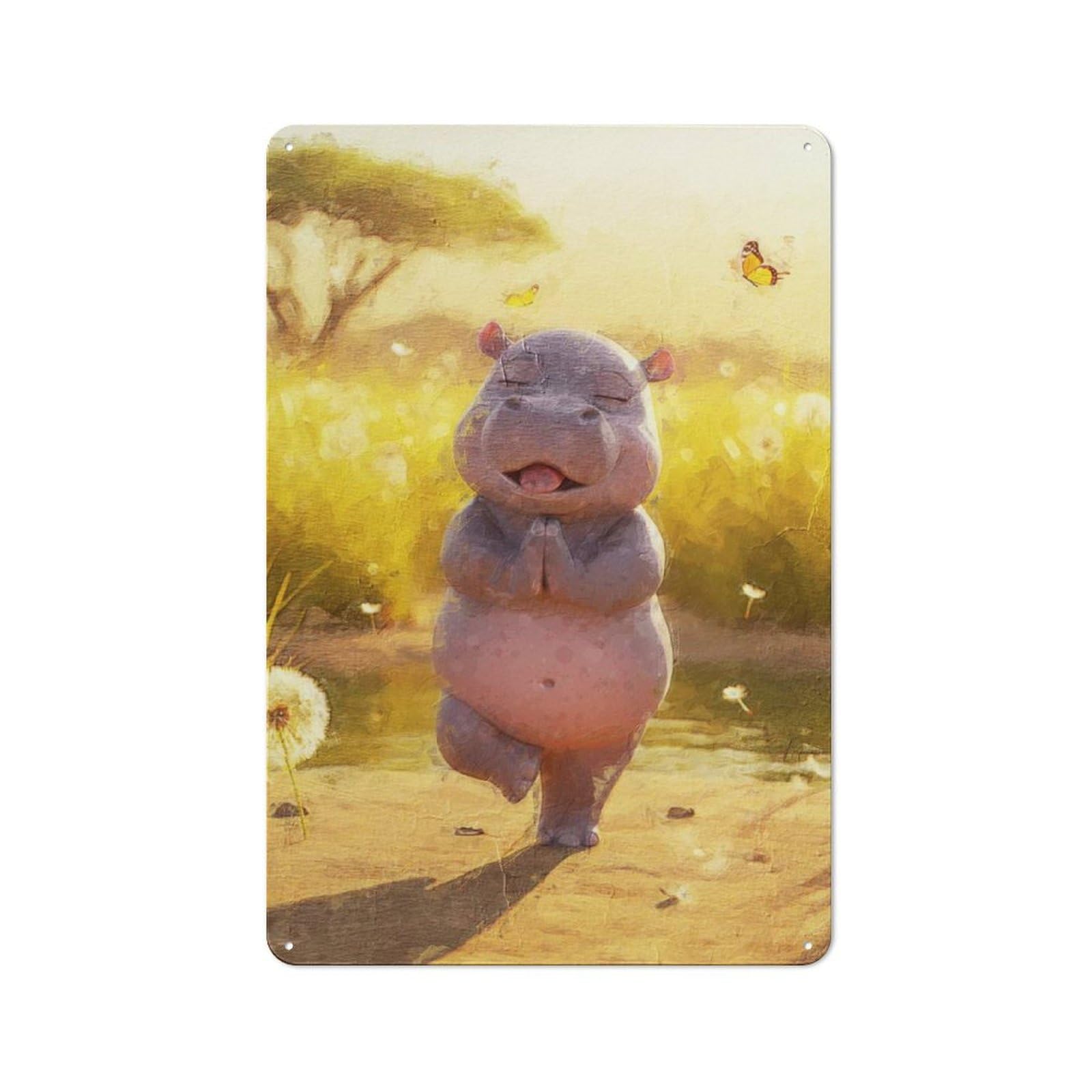 Junmoney Yoga Hippo In Nature Industrial-Style Metal Sign 30X20cm For Home Bar Wall, Housewarming Wall Decor For People Furnishing Home Bar