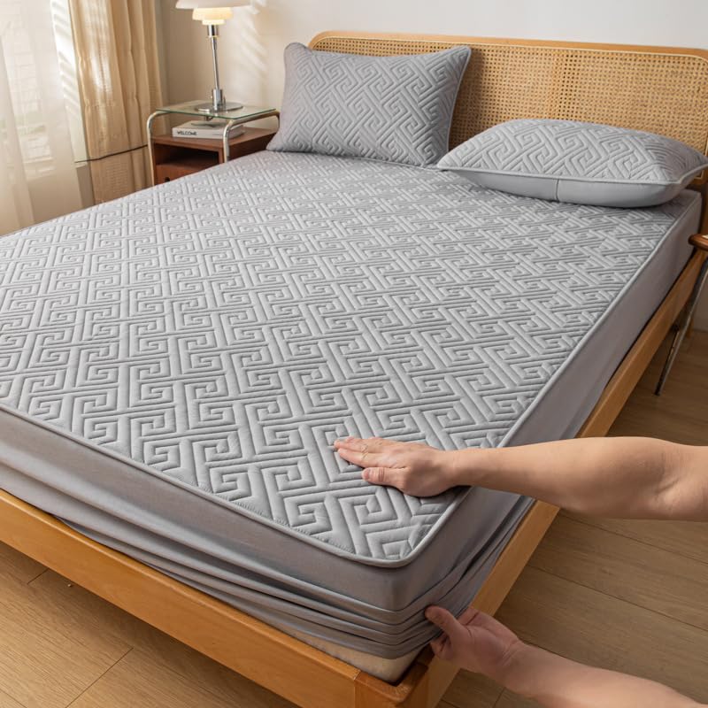 FCLDESHOP Todas Las Medidas,Colcha De Bolsillo Extra Profunda Impermeable Acolchada Engrosada, Sábanas De Cama con Barrera Orina para Habitación De Niños Mayores, Gris Claro A, 120X200cm (3 Piezas)