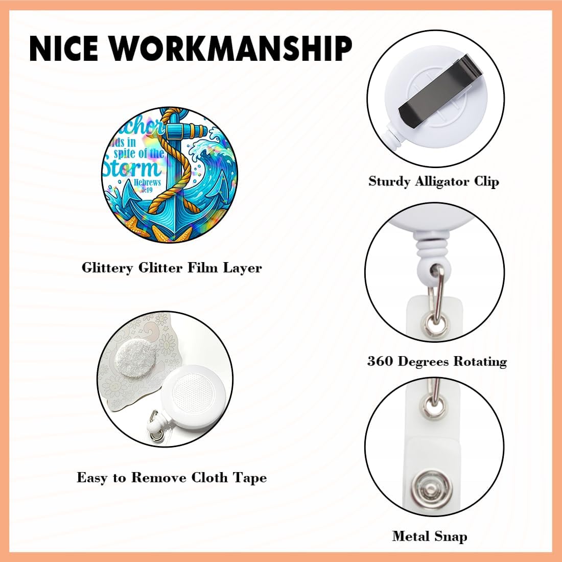 (5Pcs) Hebrews 6 19 Hope is an Anchor for The Soul Holographic Christian Badge Reels, Inspirational ID Badge Holder Retractable Clip, Christian Gifts for Nurse Teacher Students Office Worker - Image 3