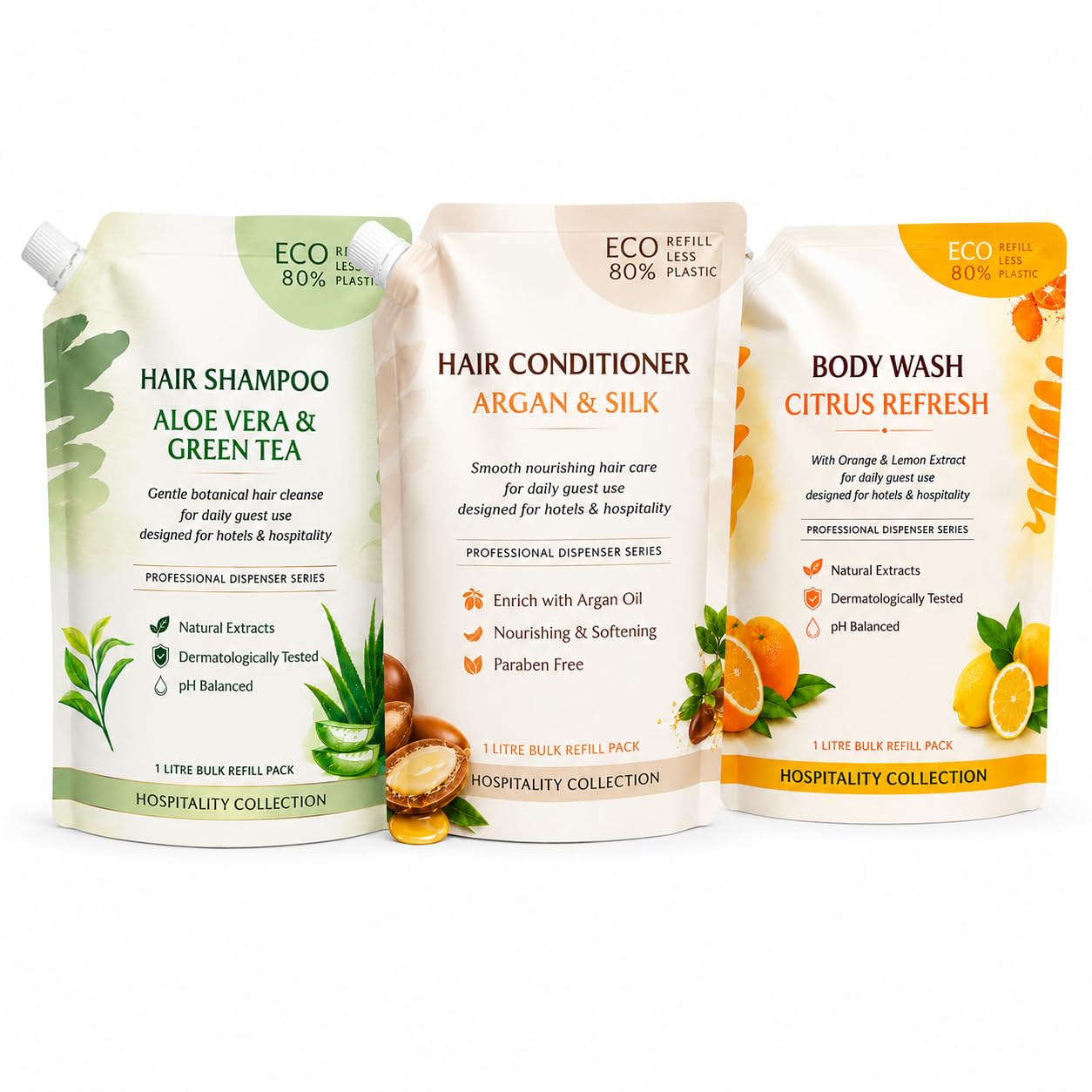 Shampoo, Conditioner & Body Wash Combo | 3 x 1 Litre Spout Refill Pouches | Aloe Vera & Green Tea, Argan & Silk, Citrus Refresh | For Hotels-picture-34