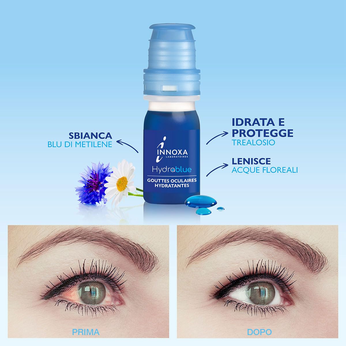 INNOXA - Gocce Oculari Formula Blu - Sbianca il Bianco degli Occhi -Idrata gli Occhi Arrossati ed Affaticati - Formula Originale - Sterile e Senza Conservanti - Prodotto in Francia - 10 ml