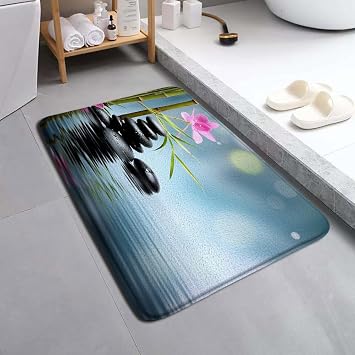 Spa Bathroom Mat Green Bamboo Leaves Flower Stone Meditation Zen Garden Spring Water Reflection Scenery Pattern Flannel Rugs Bath Kitchen Doorway Aisle Cloth Carpet Home Decor 17.71 x 29.52 Inch