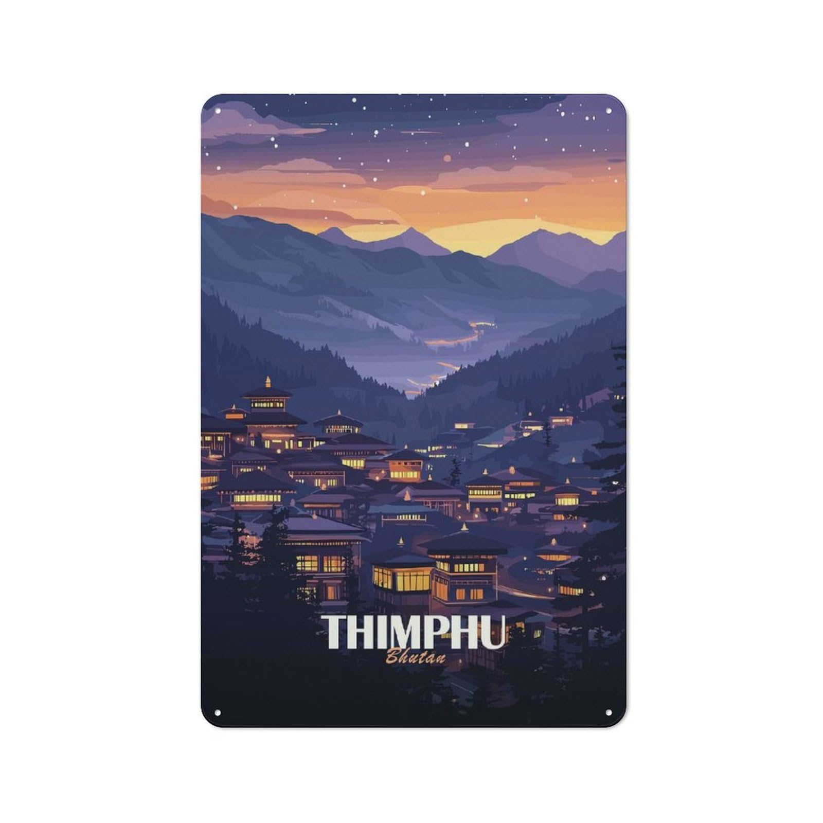 Junmoney Thimphu, Bhutan At Night Industrial-Style Metal Plaque 30X20cm For Hallway Wall, A Winter Wall Decor Update For Hallway Decor Lovers