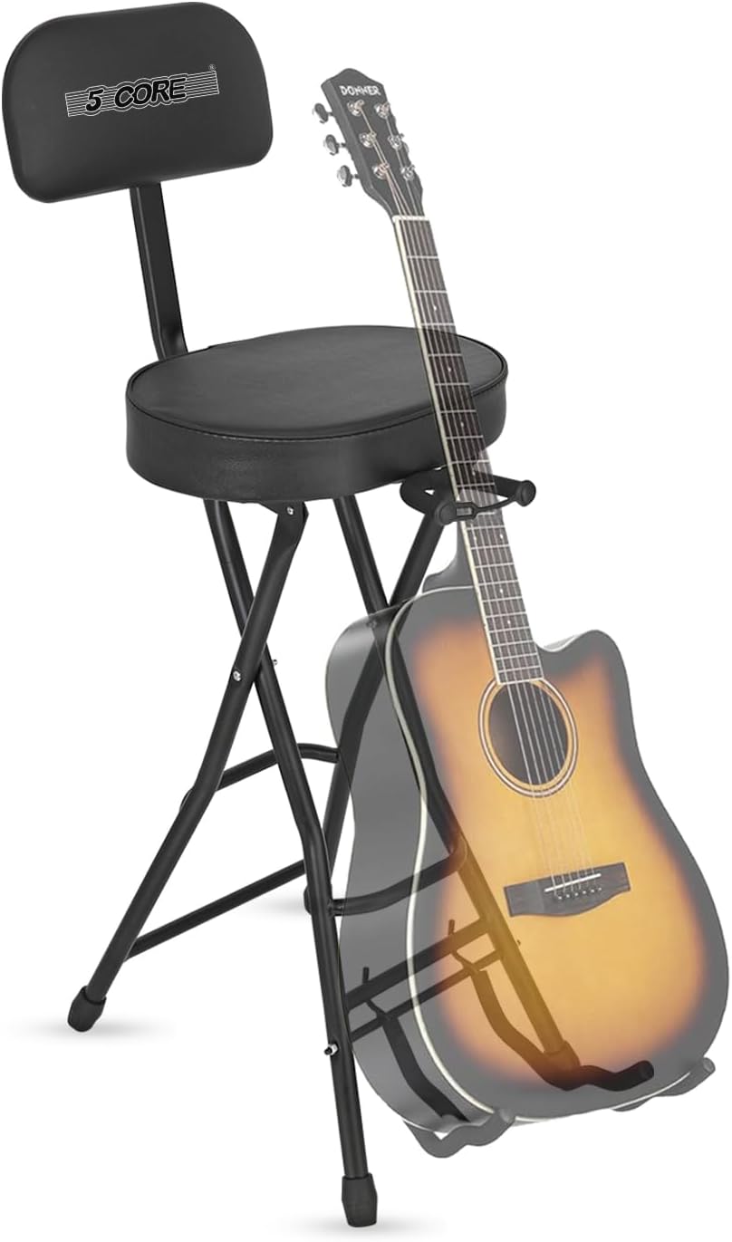 5 CORE Guitar Stool Seat w Backrest 3.15" Thick Cushioned Portable Durable Guitars Chair with Padded Holder Stand for Musicians - GSTOOL Oval BLK Rest