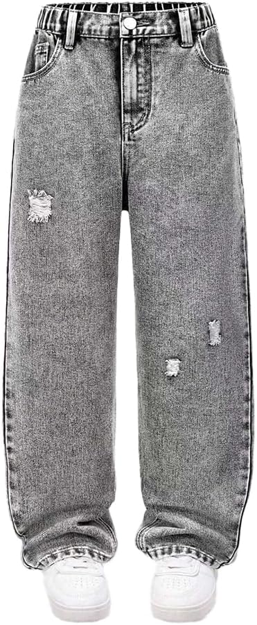 Nivne Tco Tween Boys Jeans Casual Washed Zipper Fly Ripped Frayed Kids Straight Leg Denim Pants with Pockets