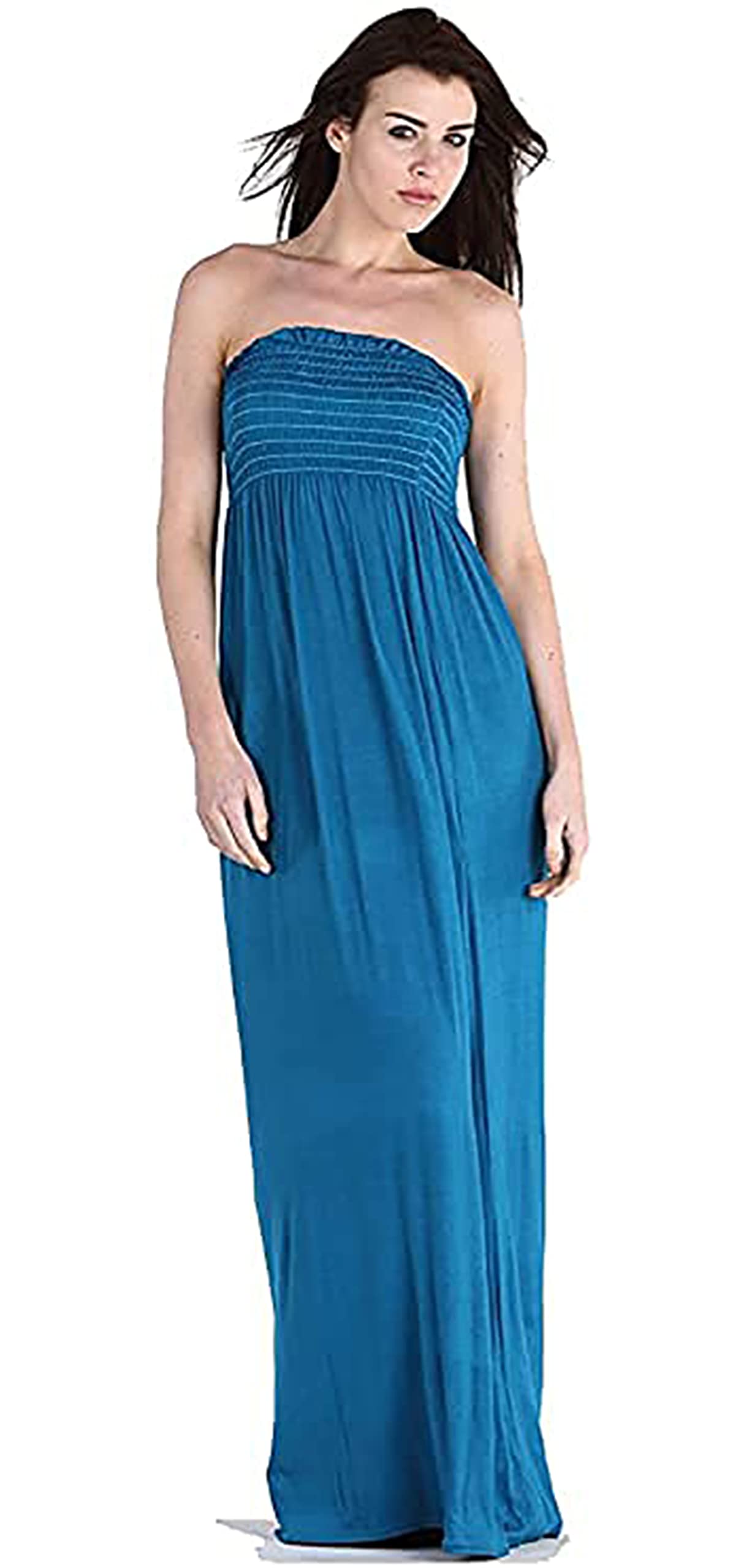 New Womens Plain Long Strapless Elasticated Shearing Ladies Bandeau Shirred Boob Tube Summer Maxi Dress Teal Size 20 (XXL)