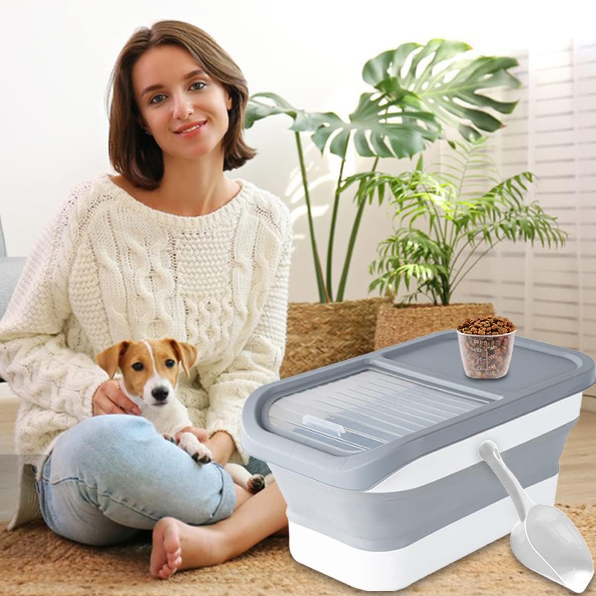 LKSTK Collapsible Dog Food Storage Container, 13 LB Pet Food Container with Lids, Airtight Cat Food Containers with Measuring Cup and Scoop, Foldable Kitchen Rice Storage for Pet Food, Cereal : Pet Supplies