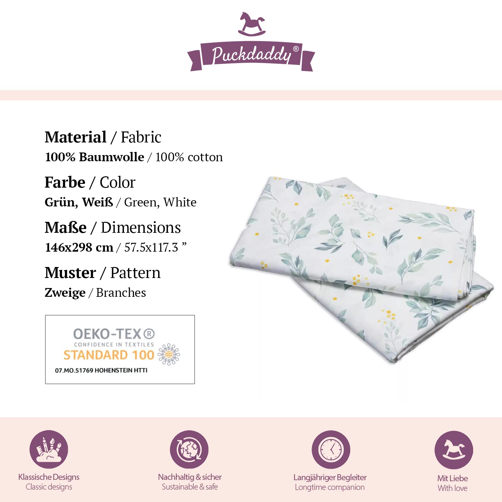 Puckdaddy Flore Tente de lit à la Maison | 146 x 298 cm | Ensemble de 2 auvents en Tissu | 100% Coton | Vert et Blanc | modèle de Branche | Rideau de lit de Haute qualité pour Chambre d'enfant