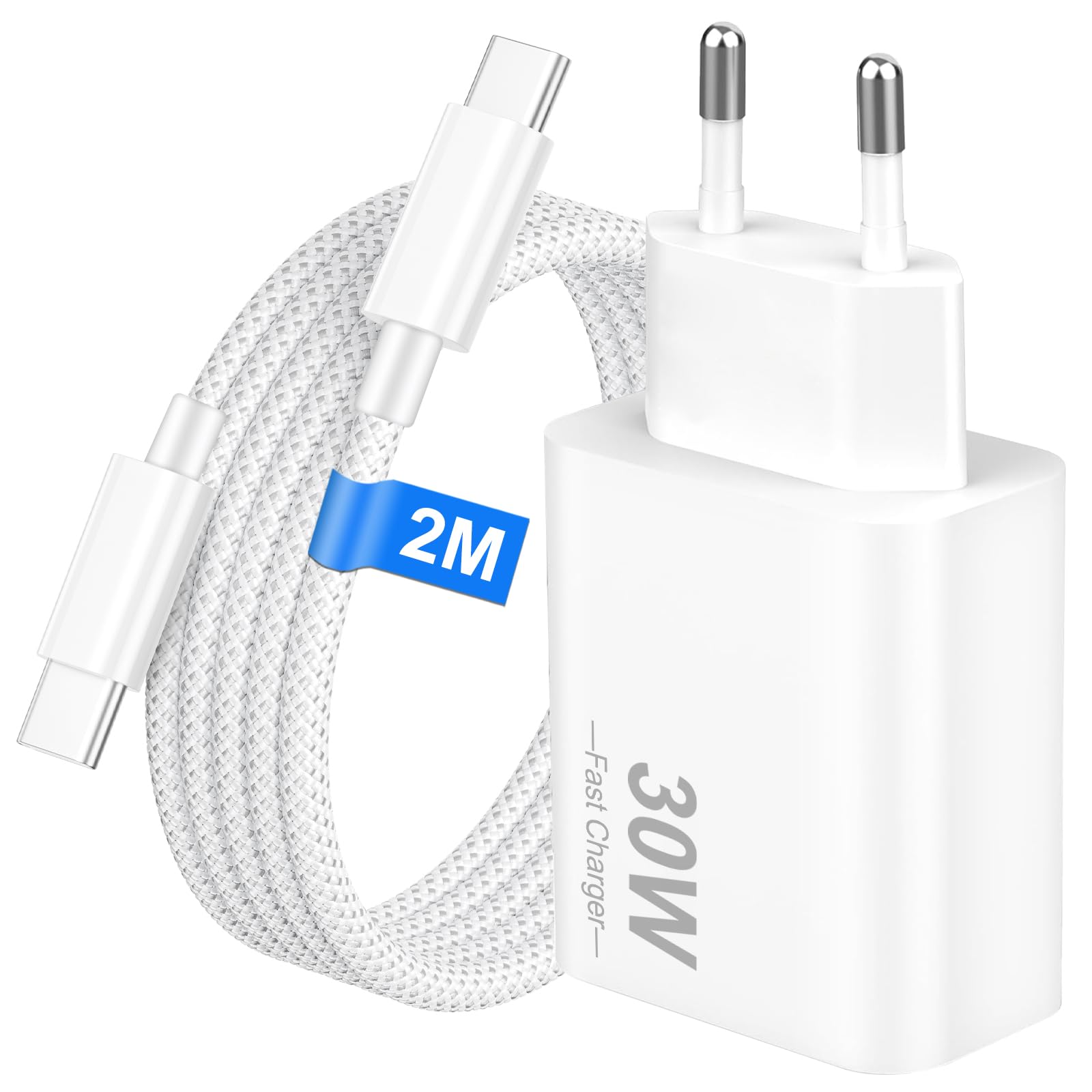 Ładowarka USB-C 30 W, szybka ładowarka USB-C z kablem PD o długości 2 m, nylonowy kabel USB typu C do iPhone'a 17, 16, 15 Pro Max Plus, iPada, Samsunga Galaxy S25 i S24, ładowarka USB-C z kablem