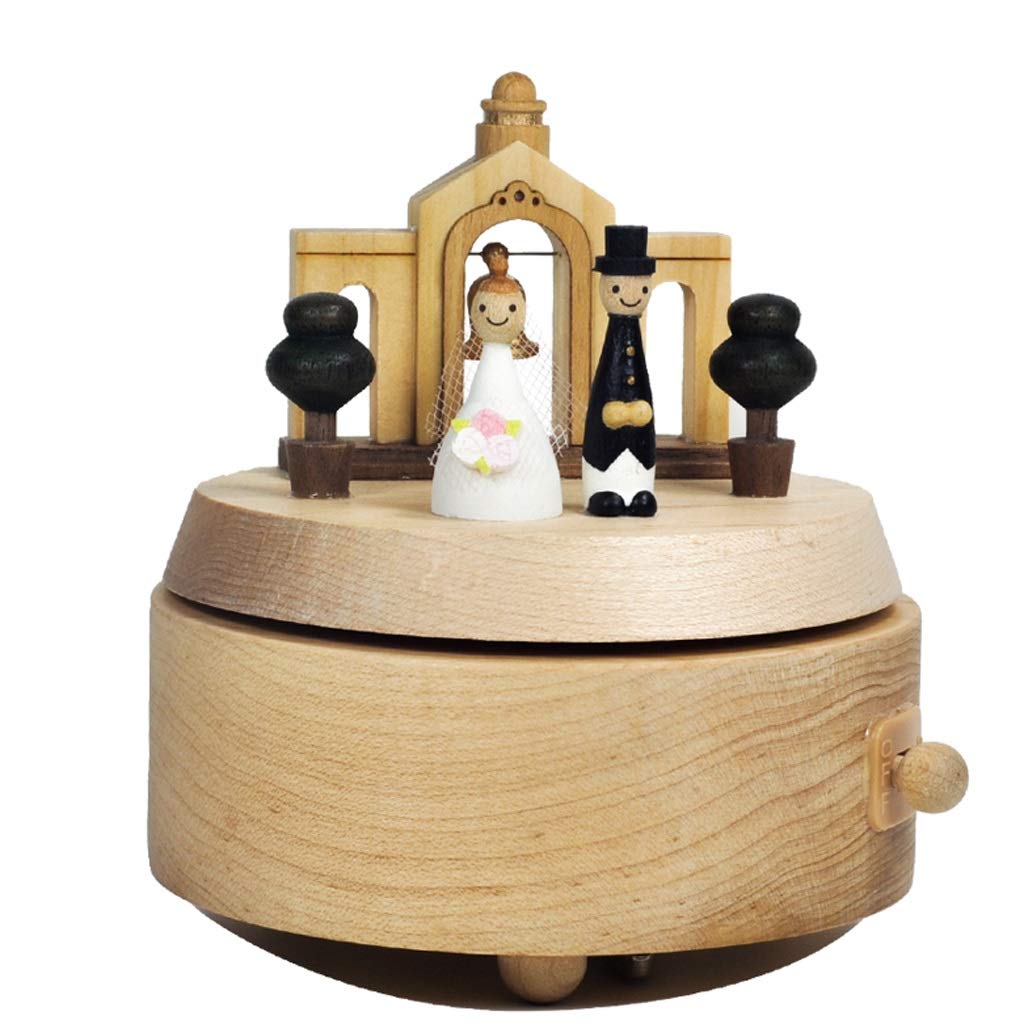 Caja de regalo de boda con iglesia de madera giratoria musical