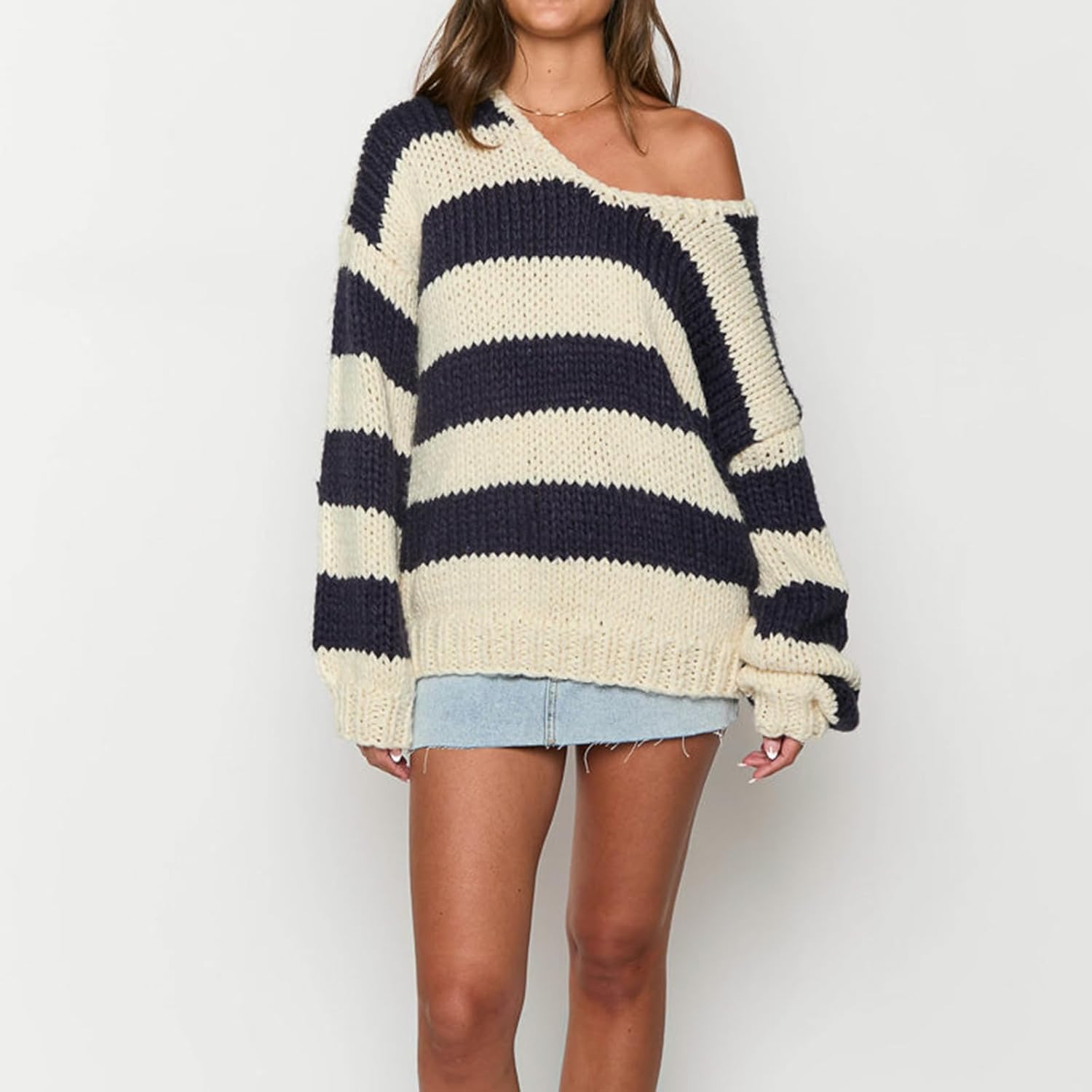 Women Striped Color Block Pullover Sweater Long Sleeve Crewneck Oversized Tops Fall Winter Warm Knitted Loose Outfit - Image 4
