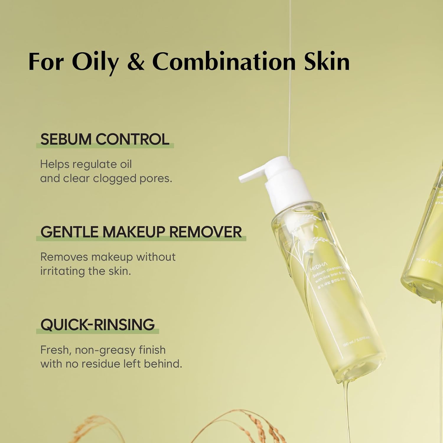 MIDHA Sebum Cleansing Oil with rice bran & tea tree,5.07fl.oz/150ml, Gentle Makeup Remover, Hydrating, Lightweight, Plant-Based, Tea Tree, Sebum Control, Moisturising, First-Step Cleanser - Image 5